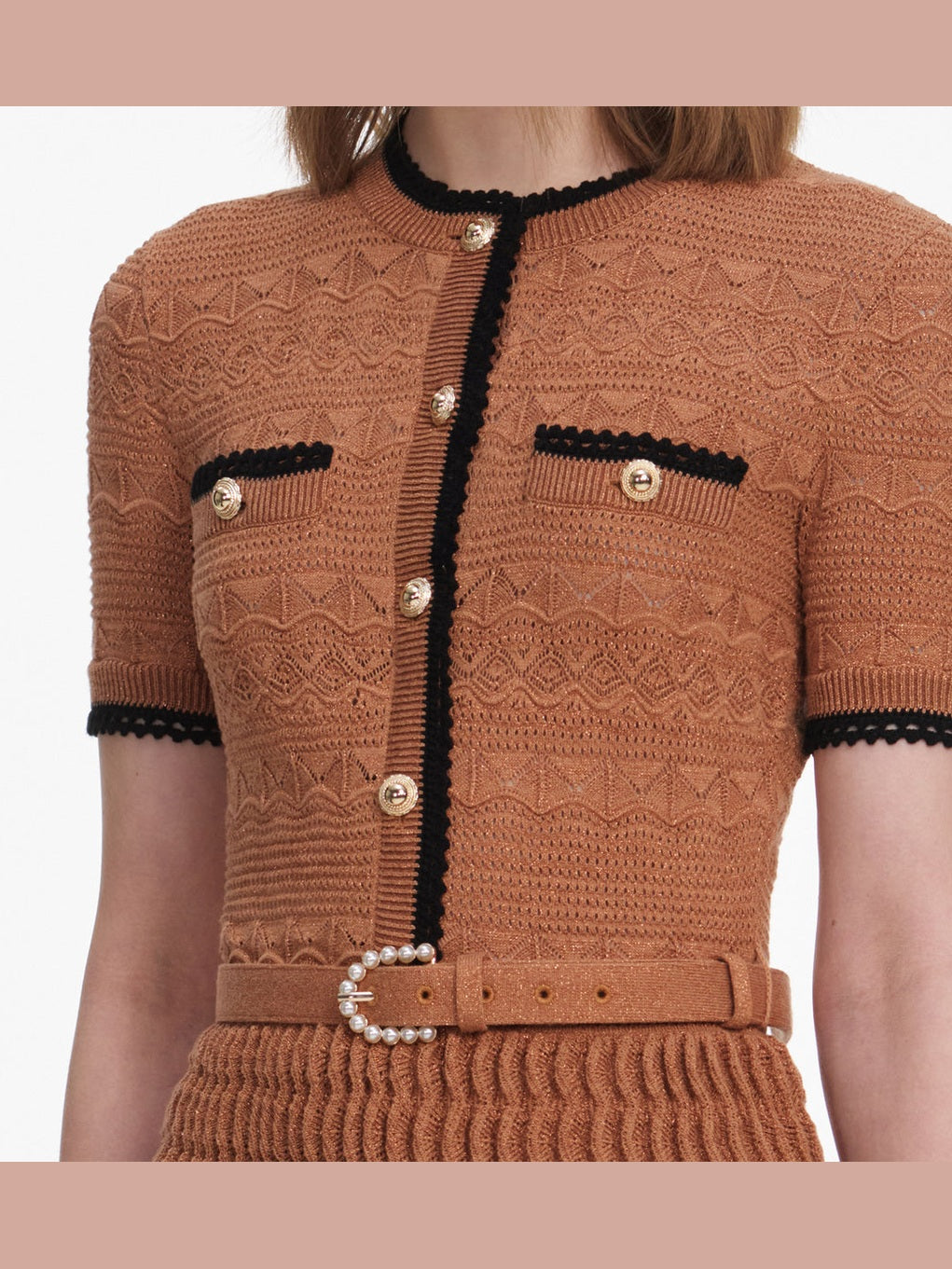 Brown pointelle knit midi dress