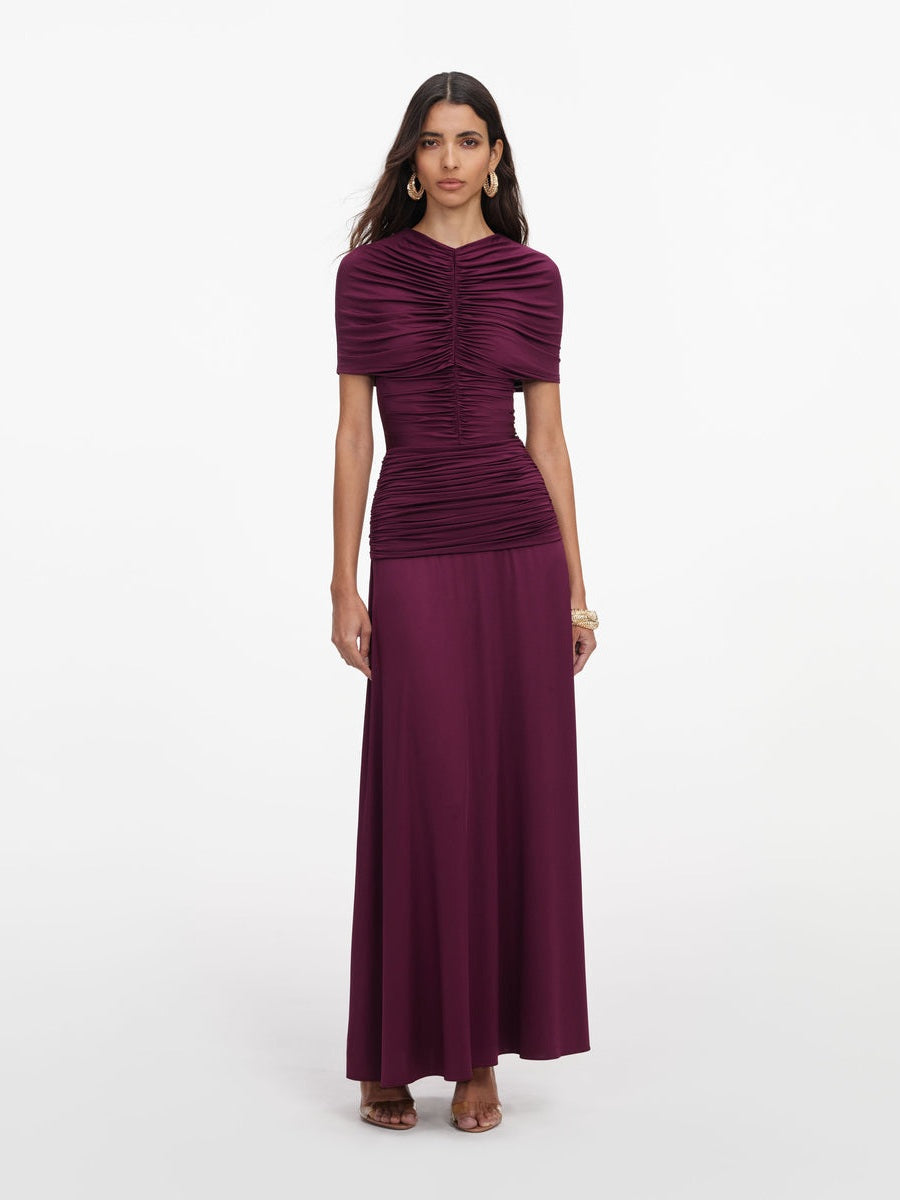 Burgundy jersey gathered midi dress