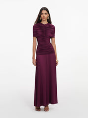 Burgundy jersey gathered midi dress