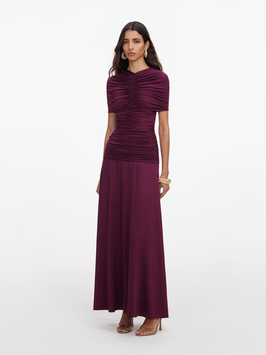 Burgundy jersey gathered midi dress
