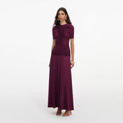 Burgundy jersey gathered midi dress