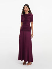 Burgundy jersey gathered midi dress