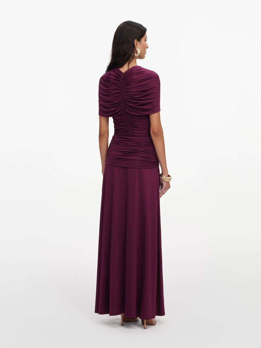 Burgundy jersey gathered midi dress