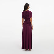 Burgundy jersey gathered midi dress