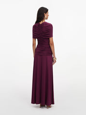 Burgundy jersey gathered midi dress
