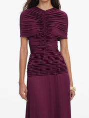 Burgundy jersey gathered midi dress