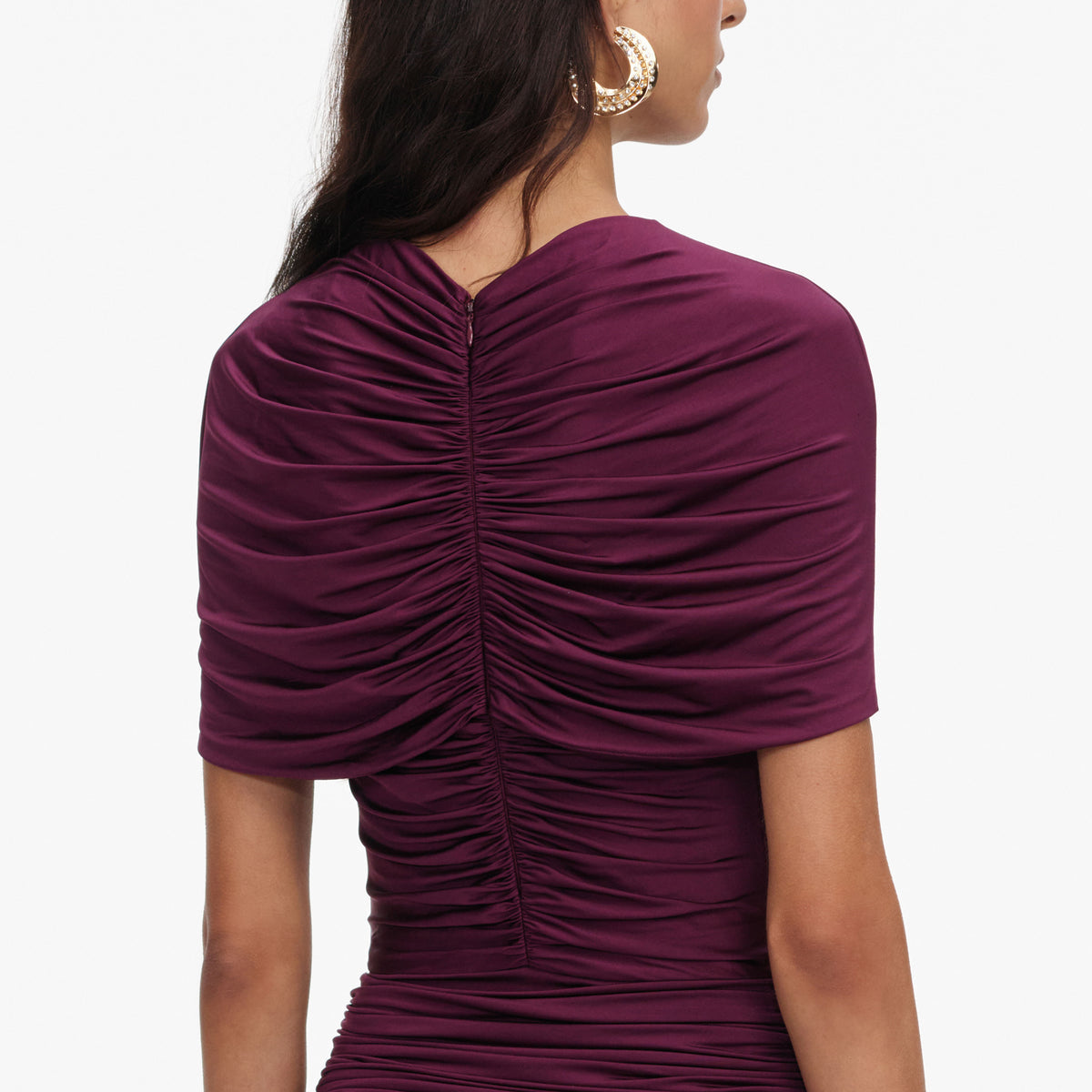 Burgundy jersey gathered midi dress