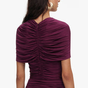 Burgundy jersey gathered midi dress