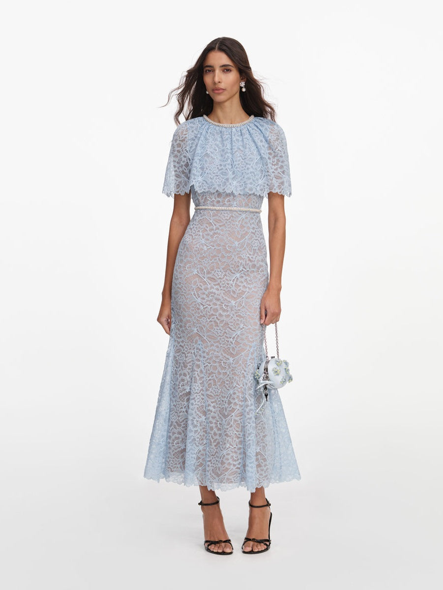 Blue lace cape midi dress