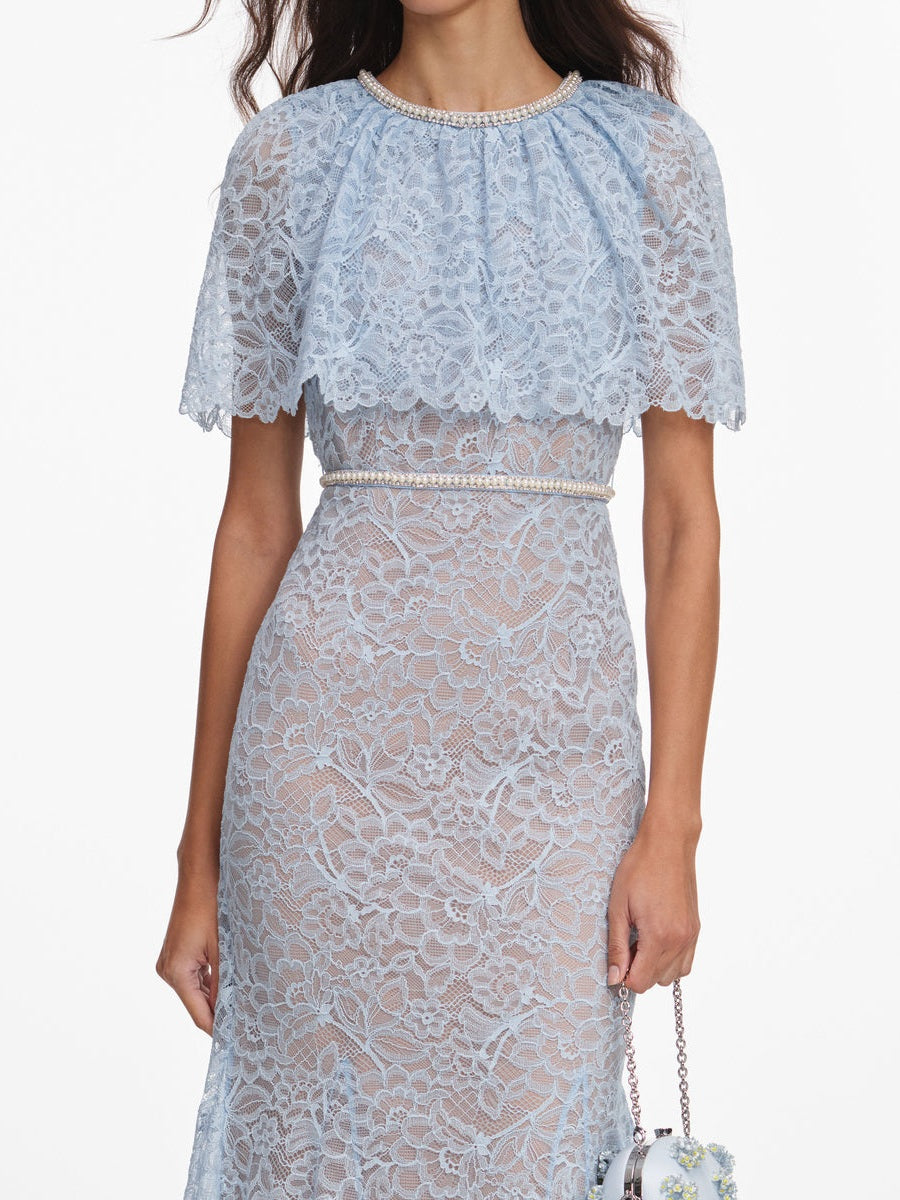 Blue lace cape midi dress