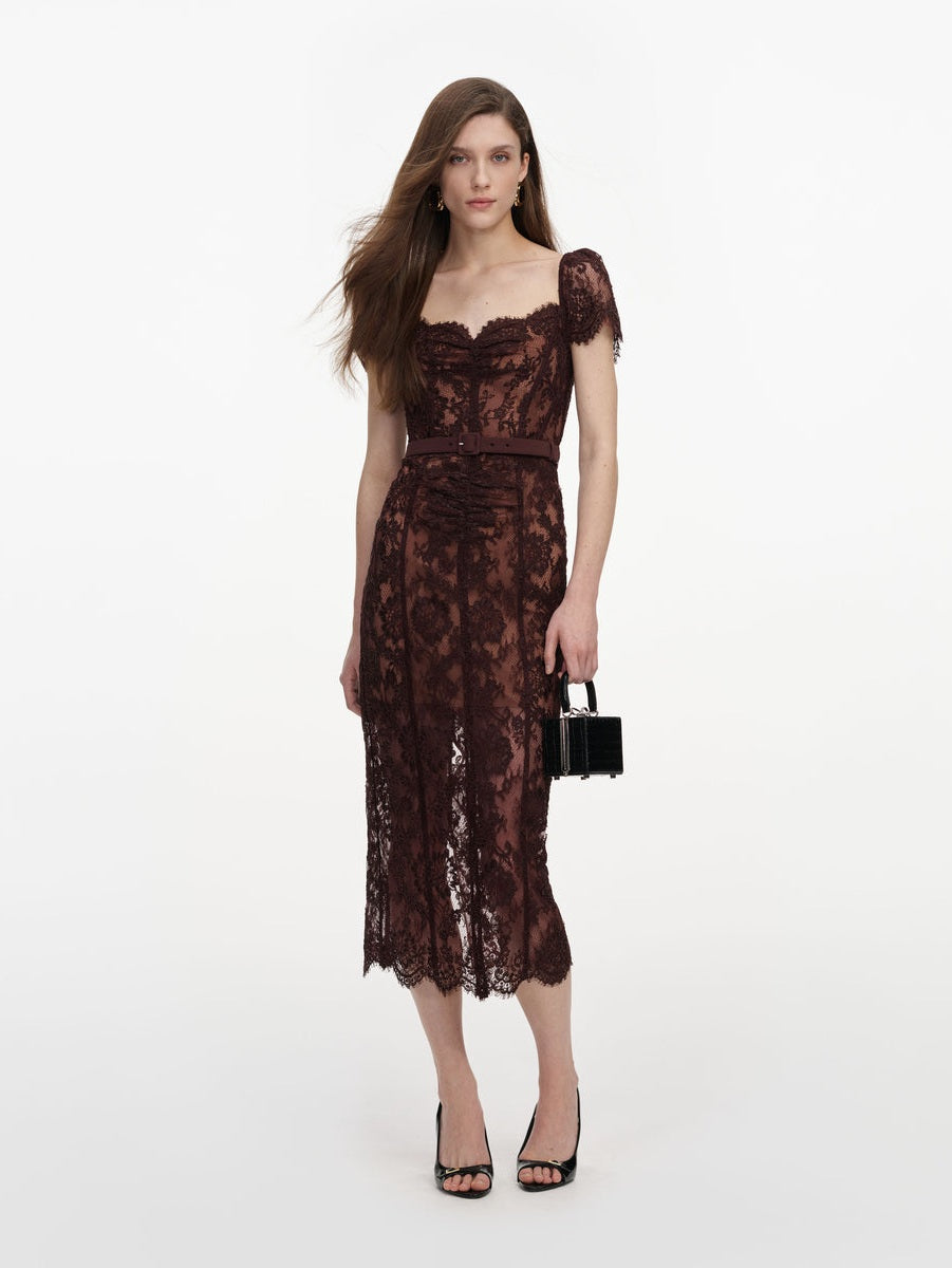 Brown floral lace midi dress