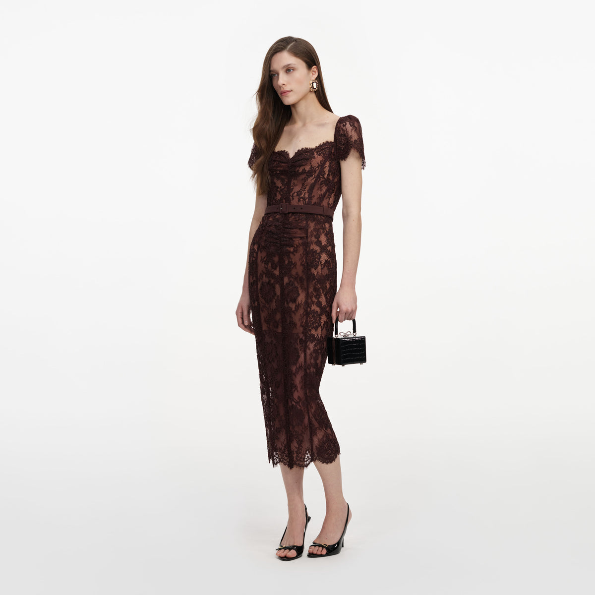 Brown floral lace midi dress