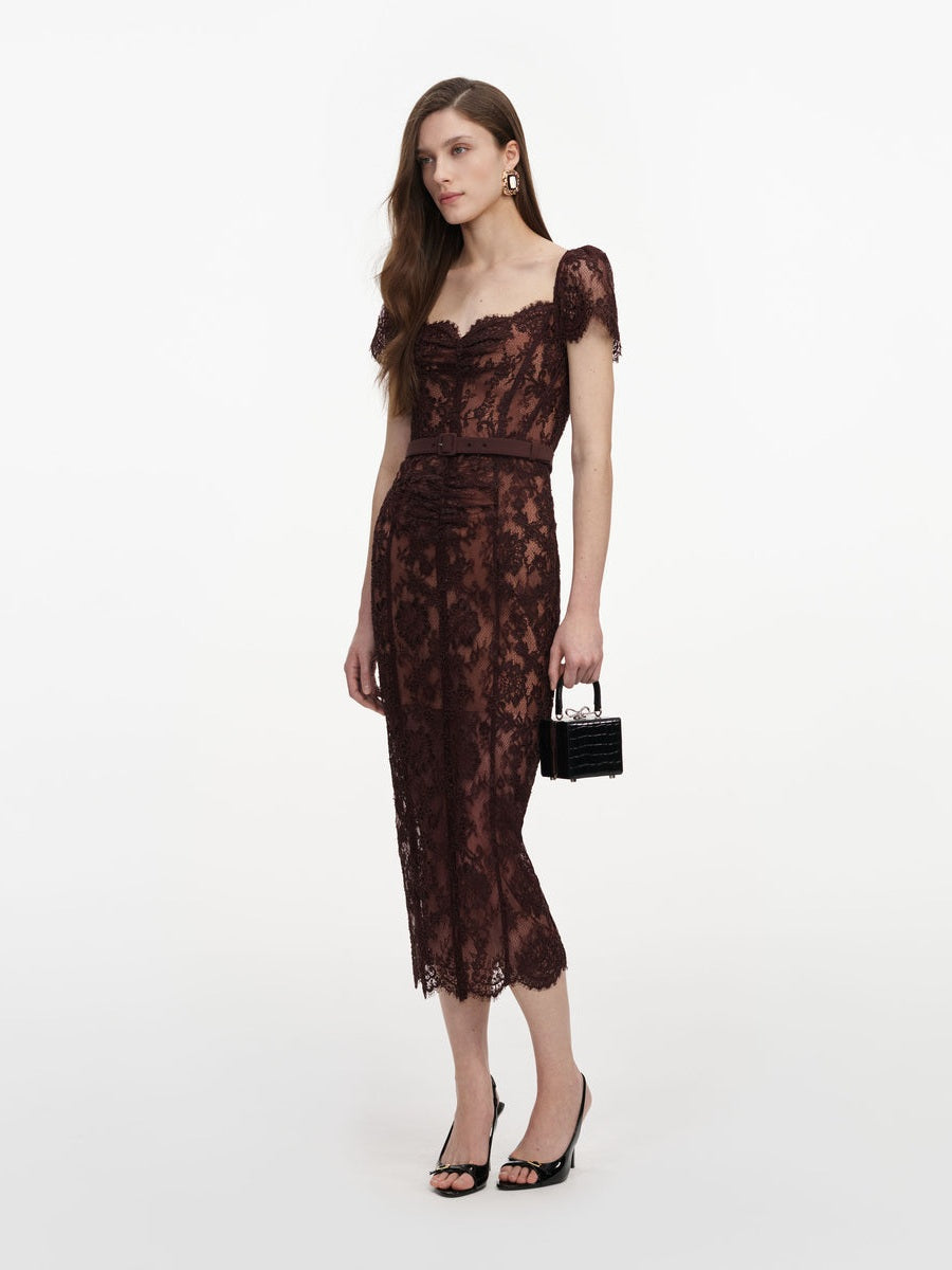Brown floral lace midi dress