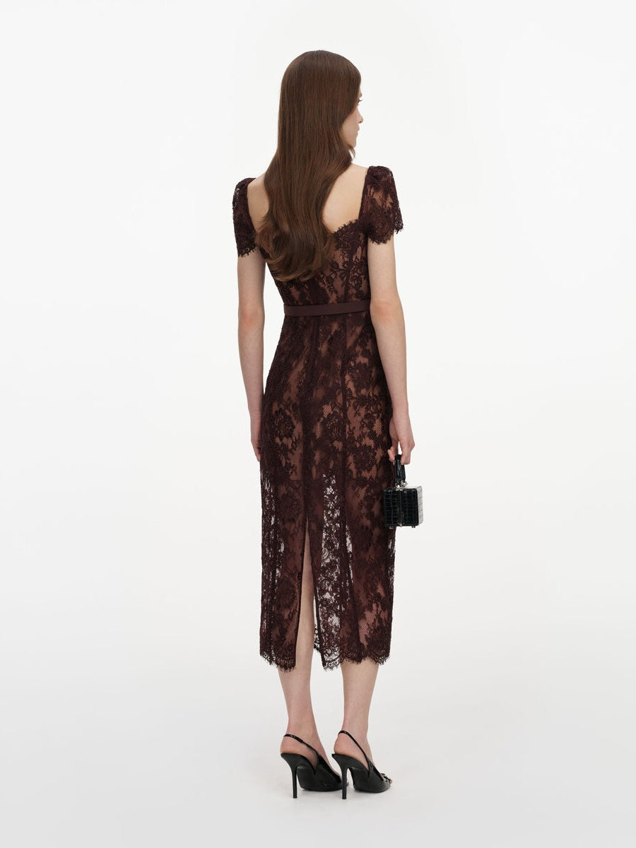 Brown floral lace midi dress