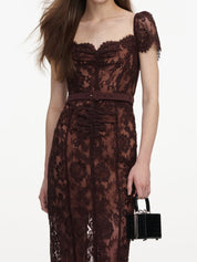 Brown floral lace midi dress