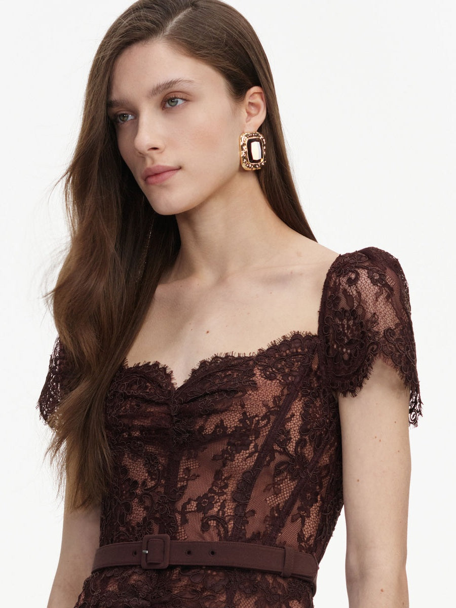 Brown floral lace midi dress