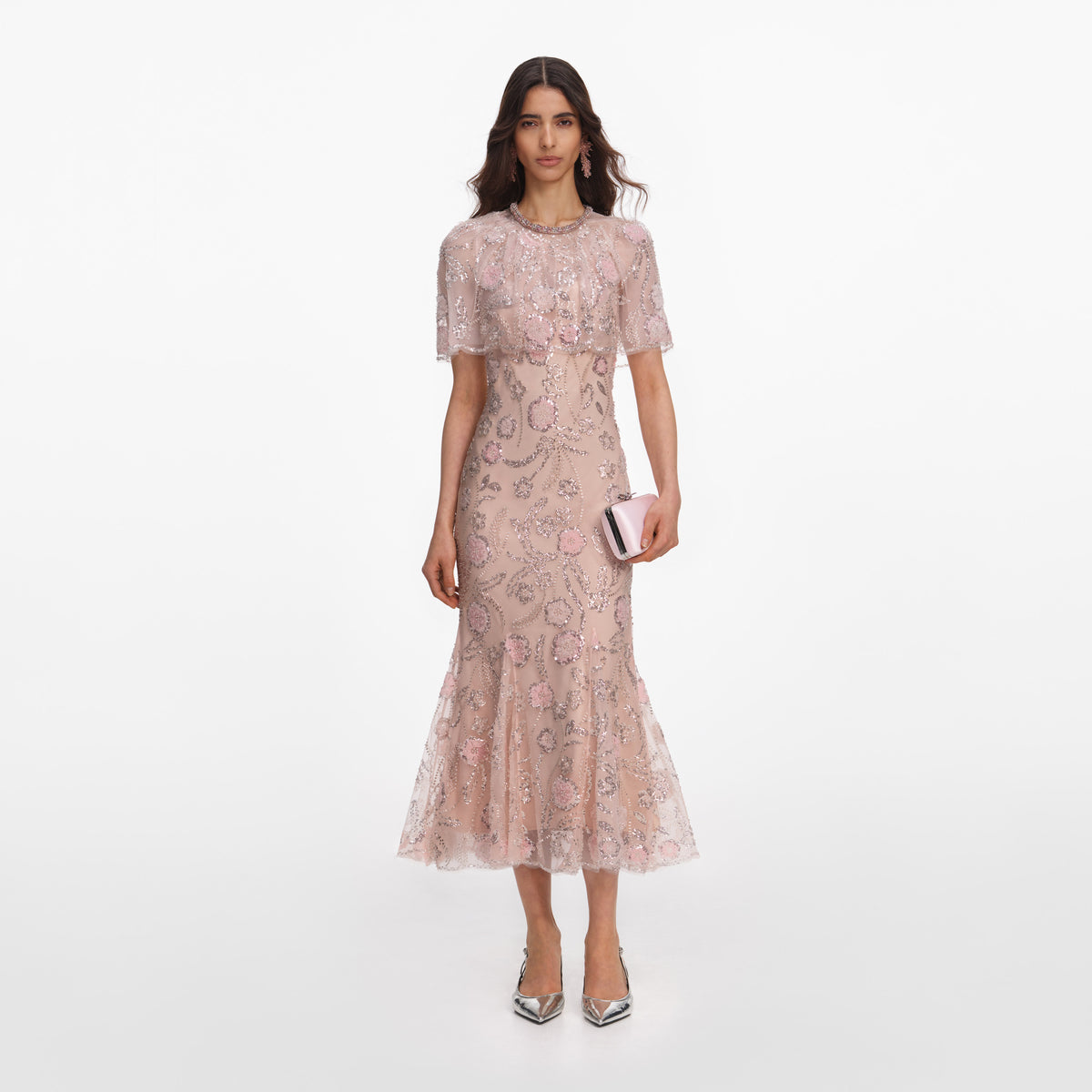 Pink embellished cape midi dress