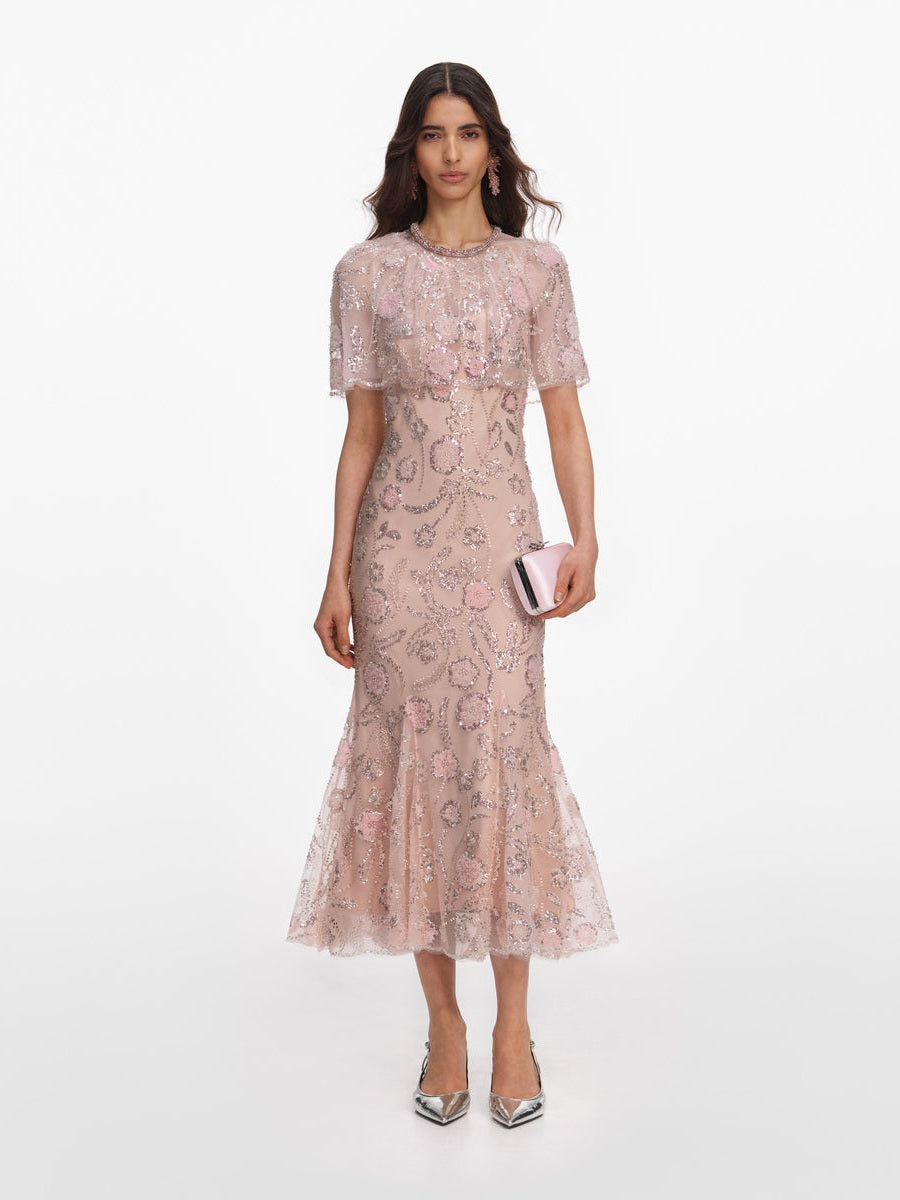 Pink embellished cape midi dress