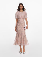 Pink embellished cape midi dress