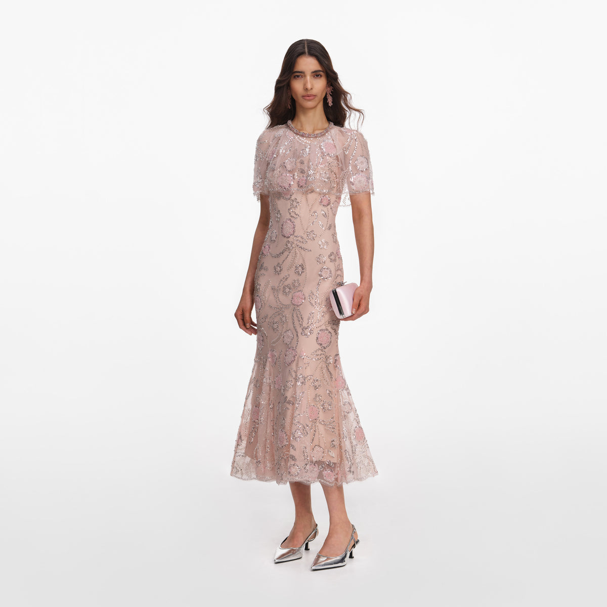 Pink embellished cape midi dress