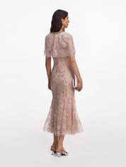Pink embellished cape midi dress