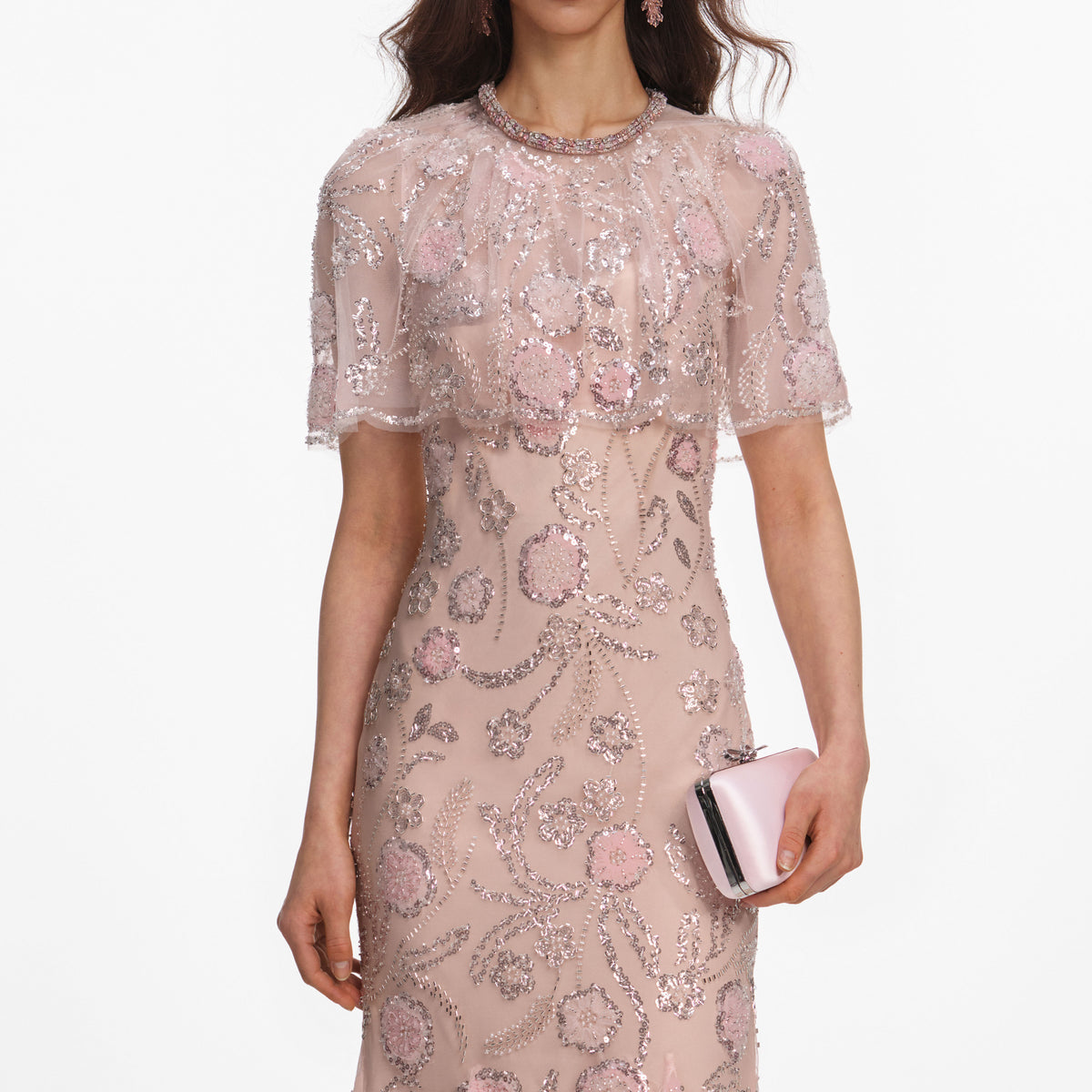 Pink embellished cape midi dress