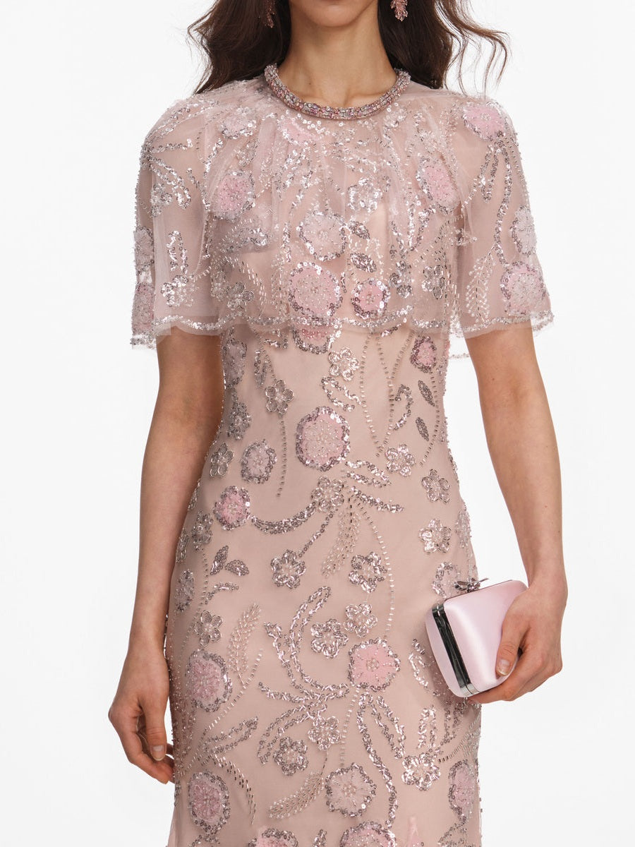 Pink embellished cape midi dress