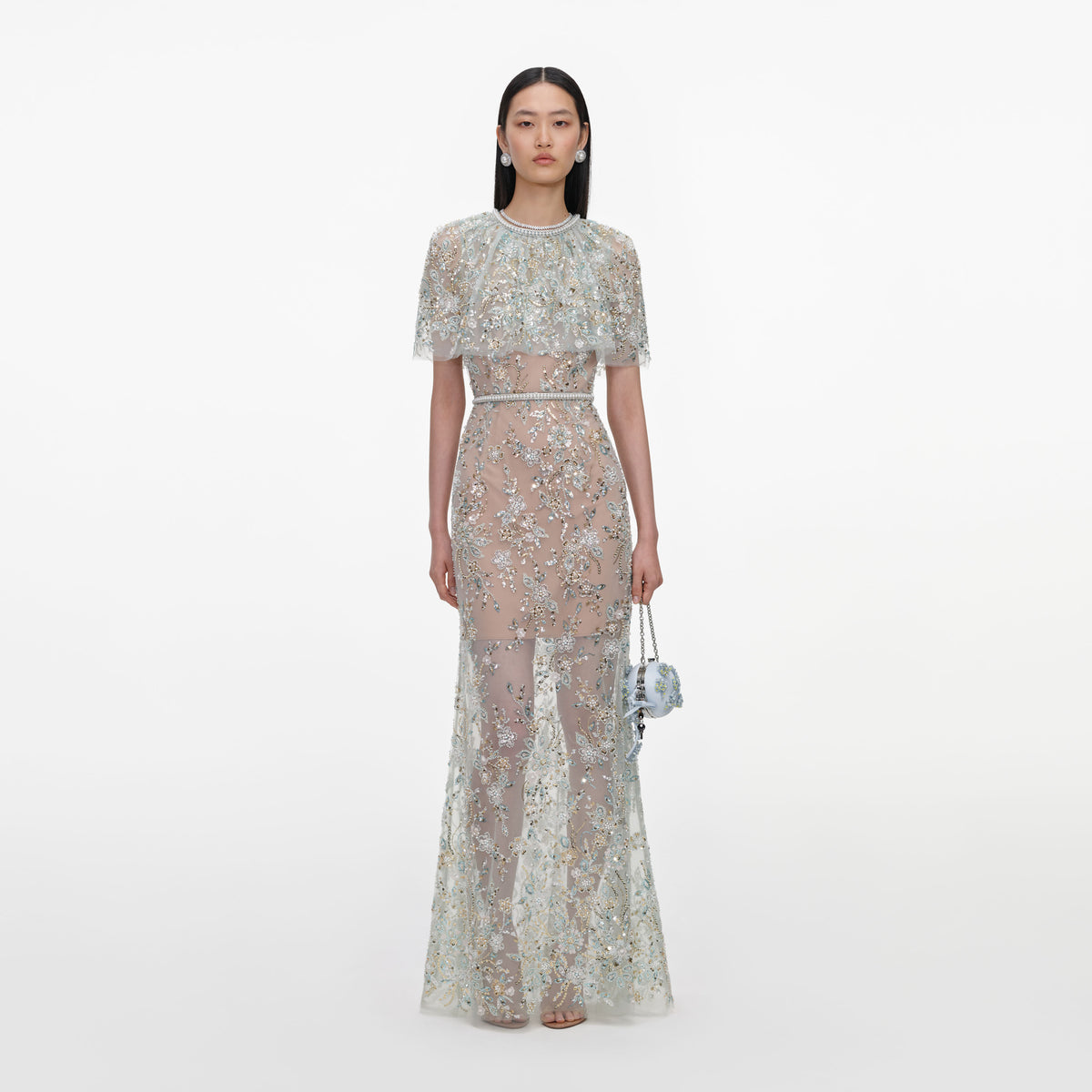 Mint embellished cape maxi dress