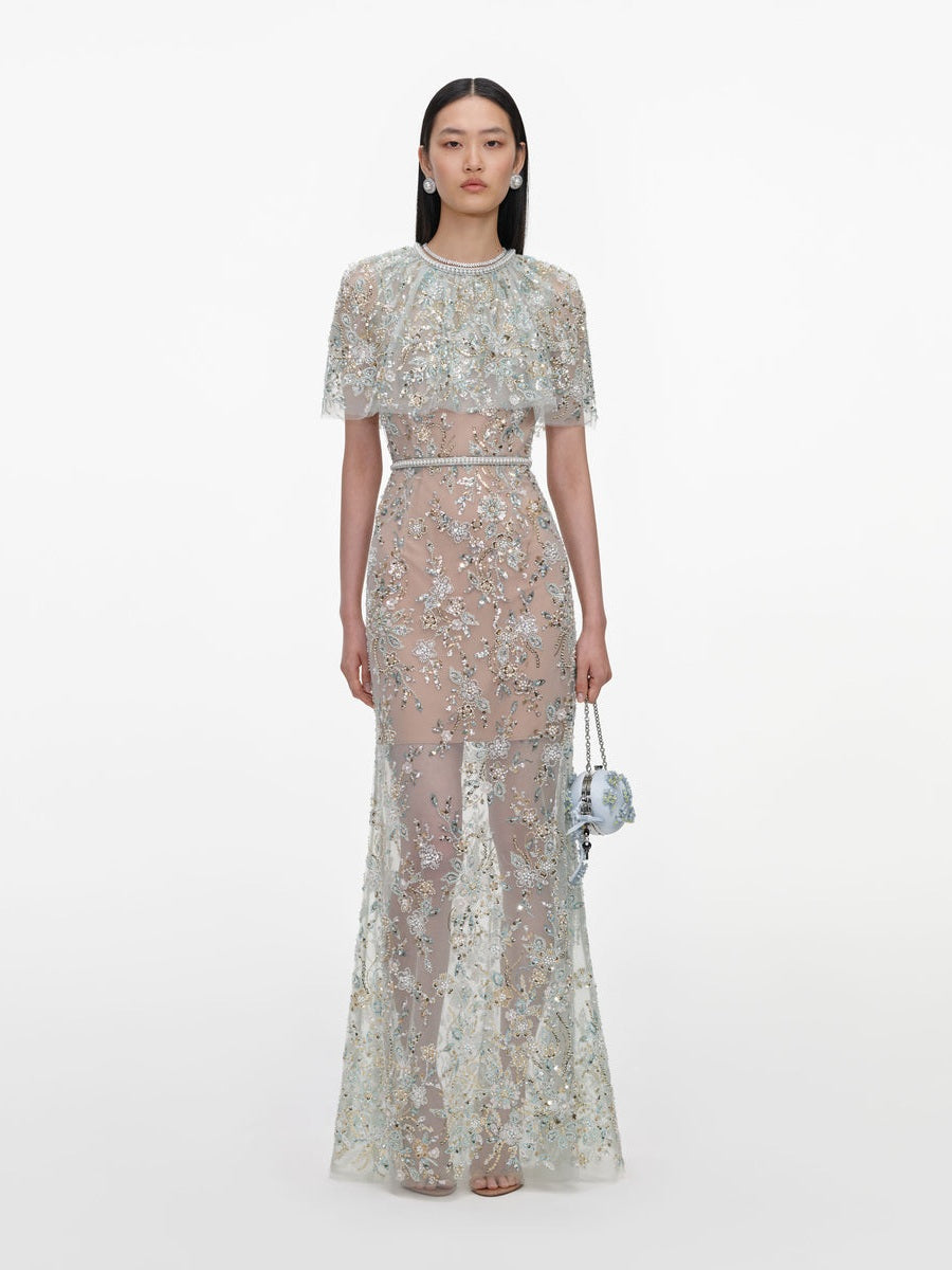 Mint embellished cape maxi dress