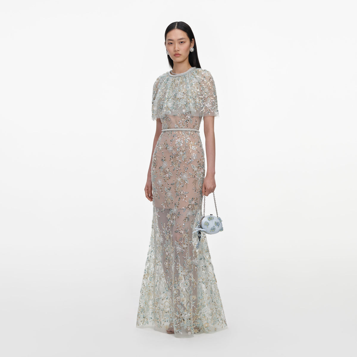 Mint embellished cape maxi dress