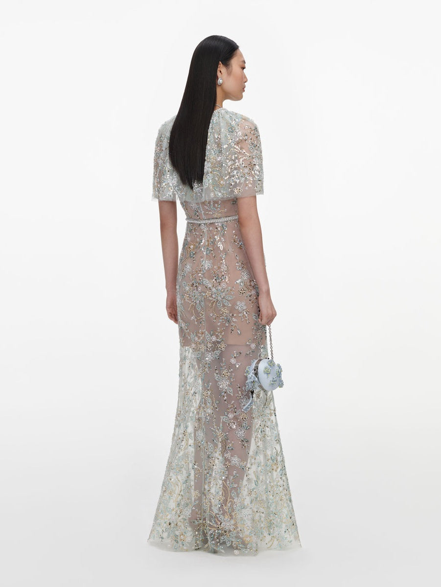 Mint embellished cape maxi dress