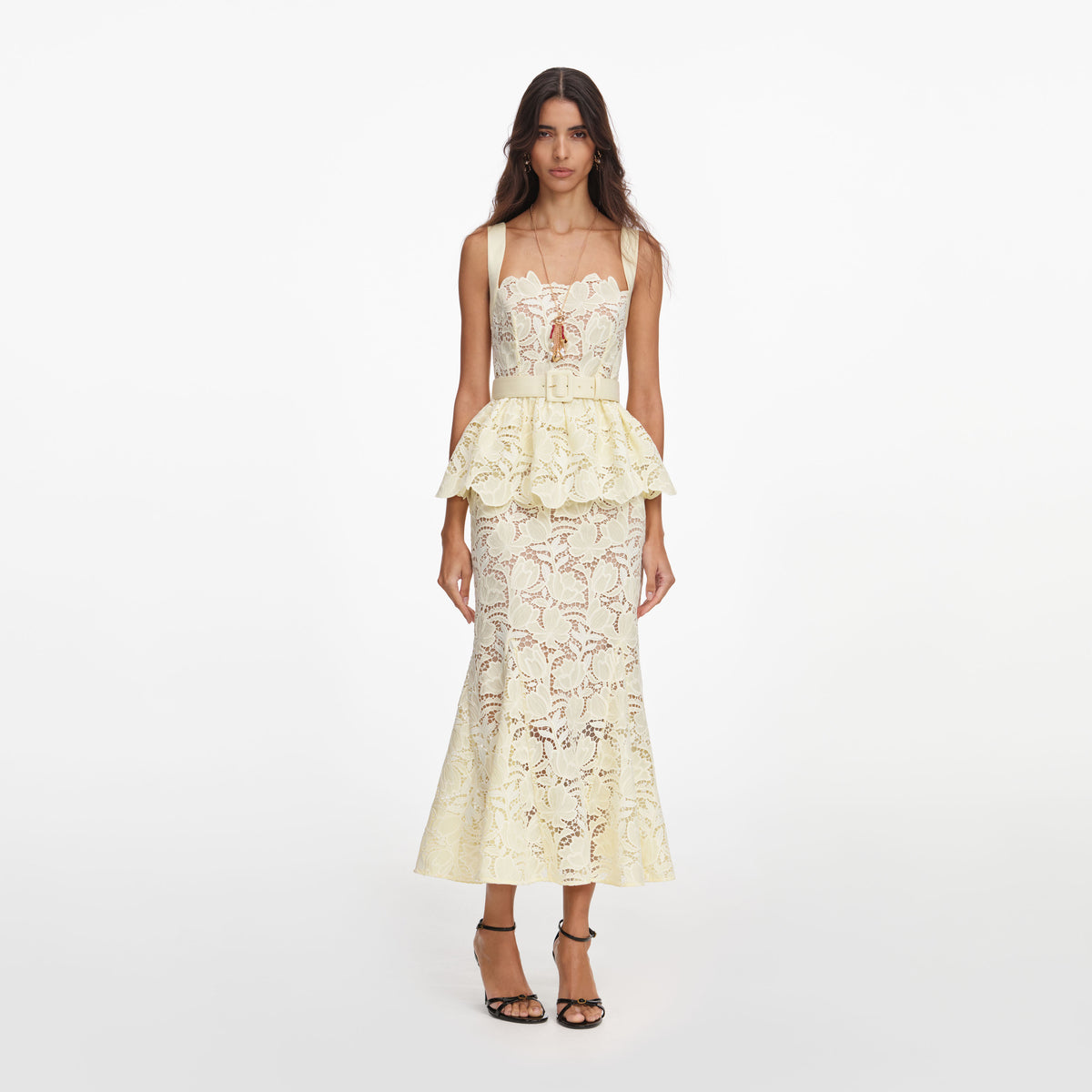 Yellow lace peplum midi dress