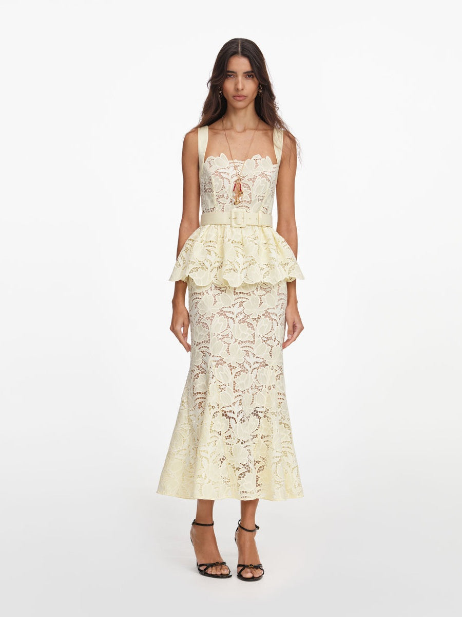 Yellow lace peplum midi dress