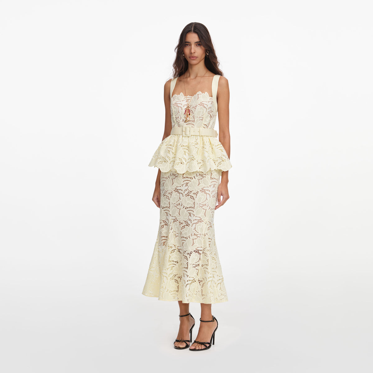 Yellow lace peplum midi dress
