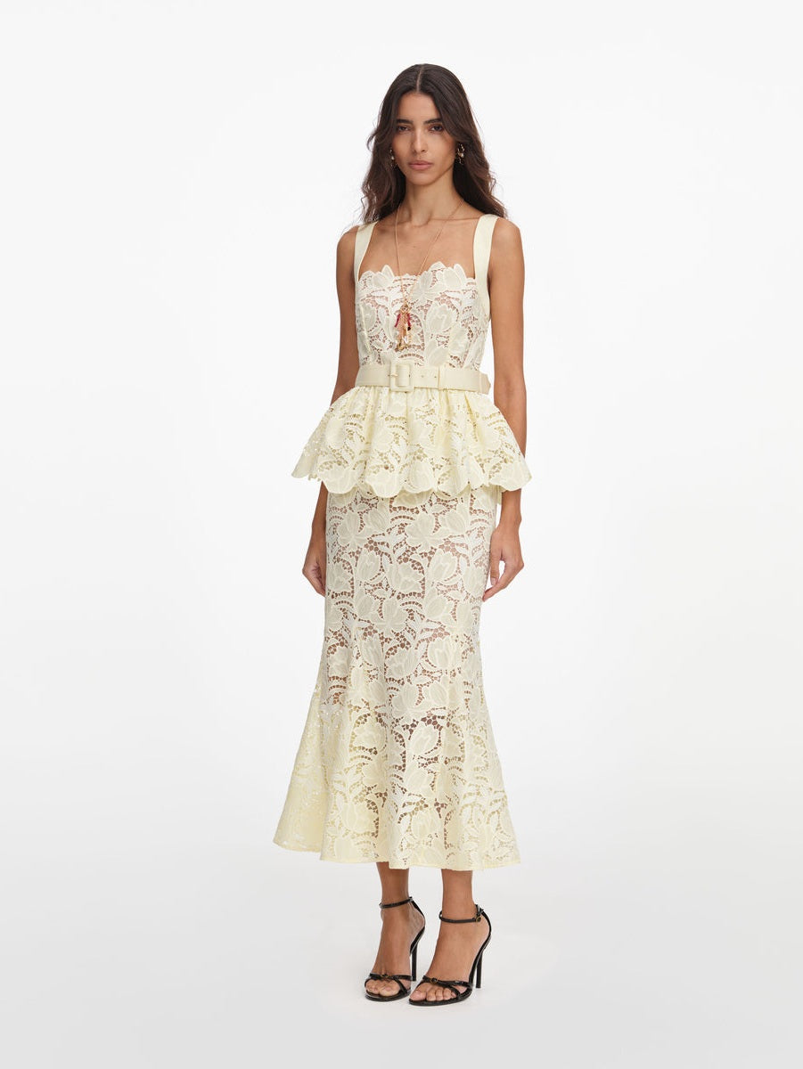 Yellow lace peplum midi dress