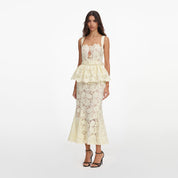 Yellow lace peplum midi dress