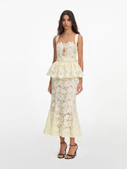 Yellow lace peplum midi dress