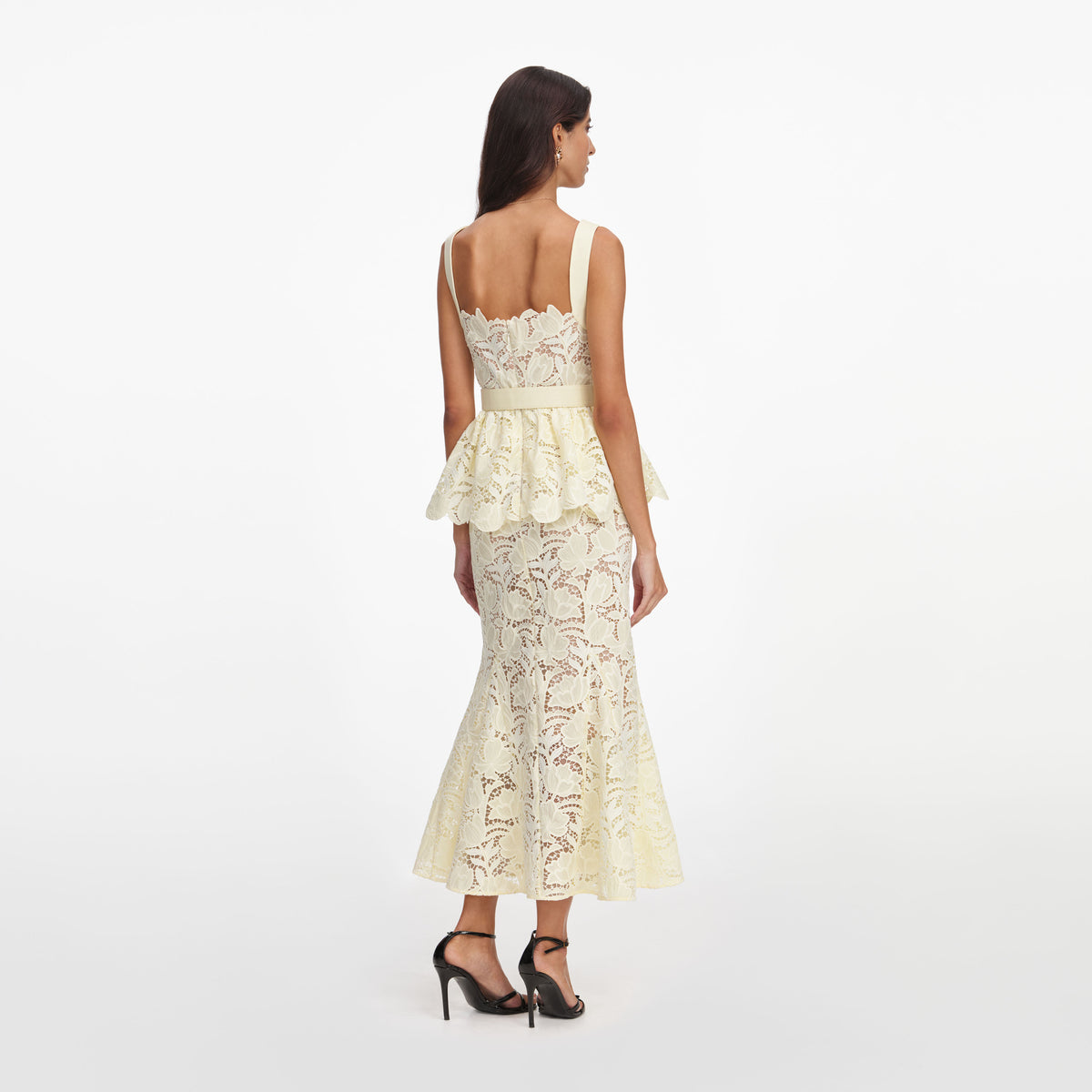 Yellow lace peplum midi dress