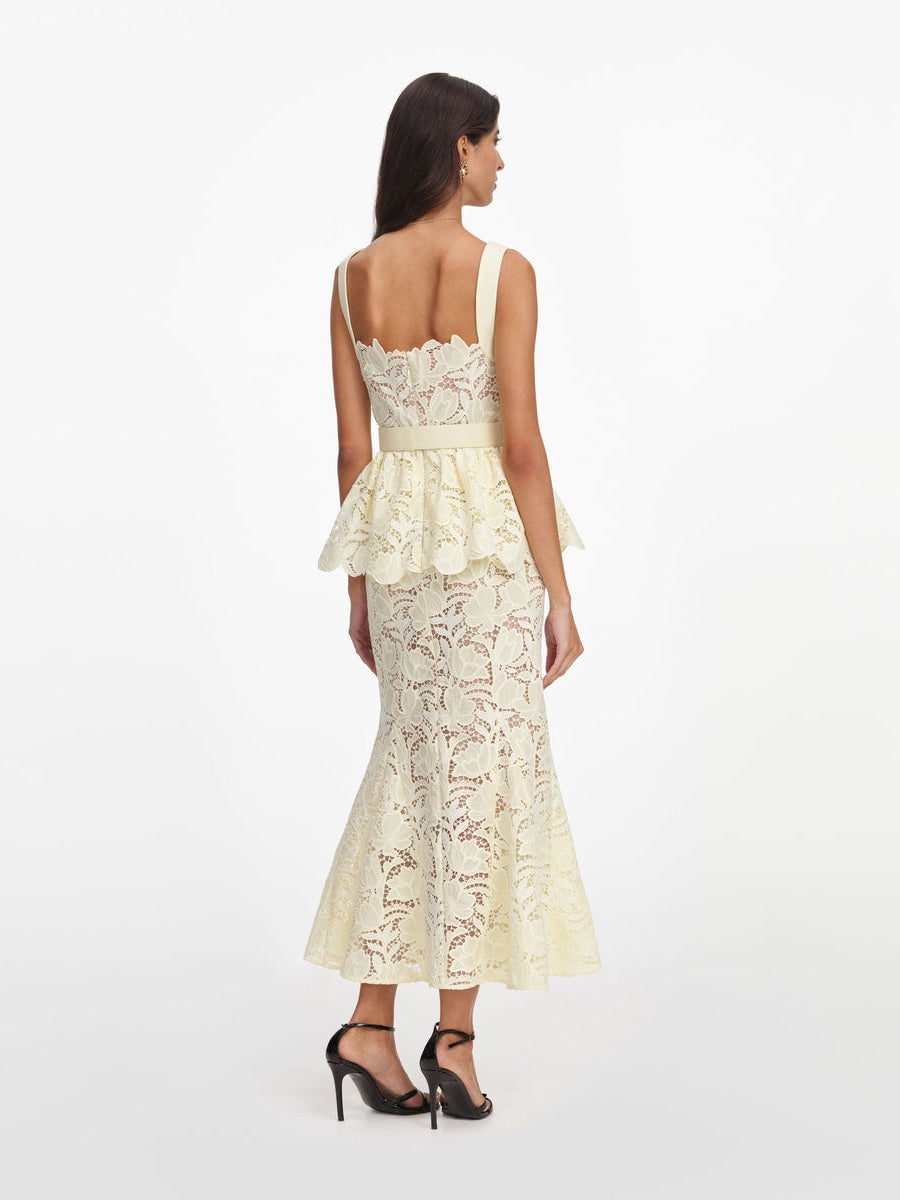 Yellow lace peplum midi dress