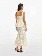 Yellow lace peplum midi dress