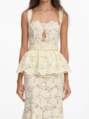 Yellow lace peplum midi dress