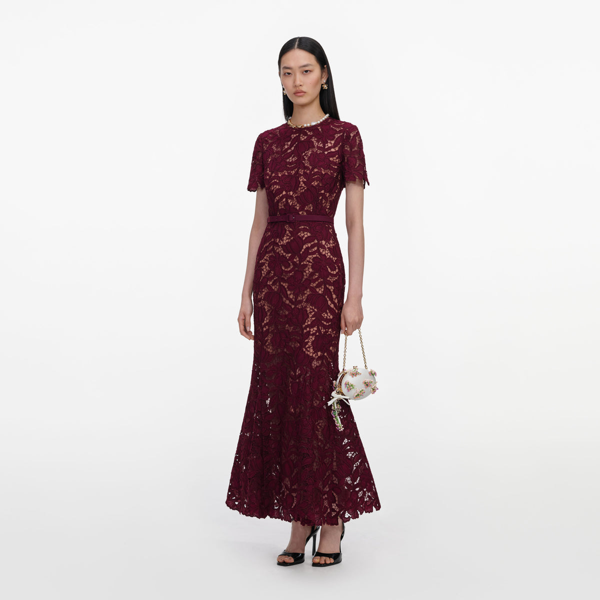 Burgundy lace midi dress