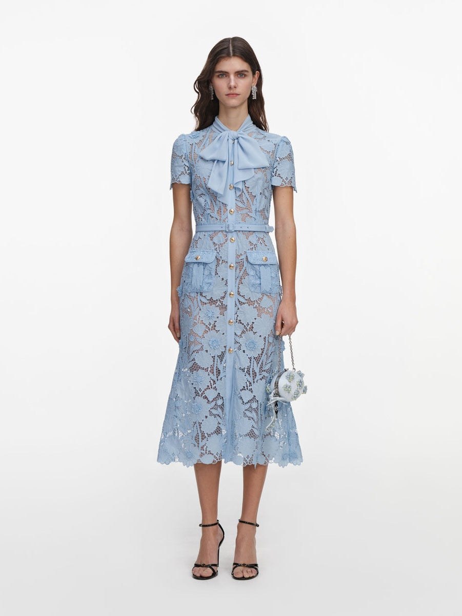 Blue lace tie neck midi dress