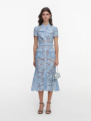 Blue lace tie neck midi dress