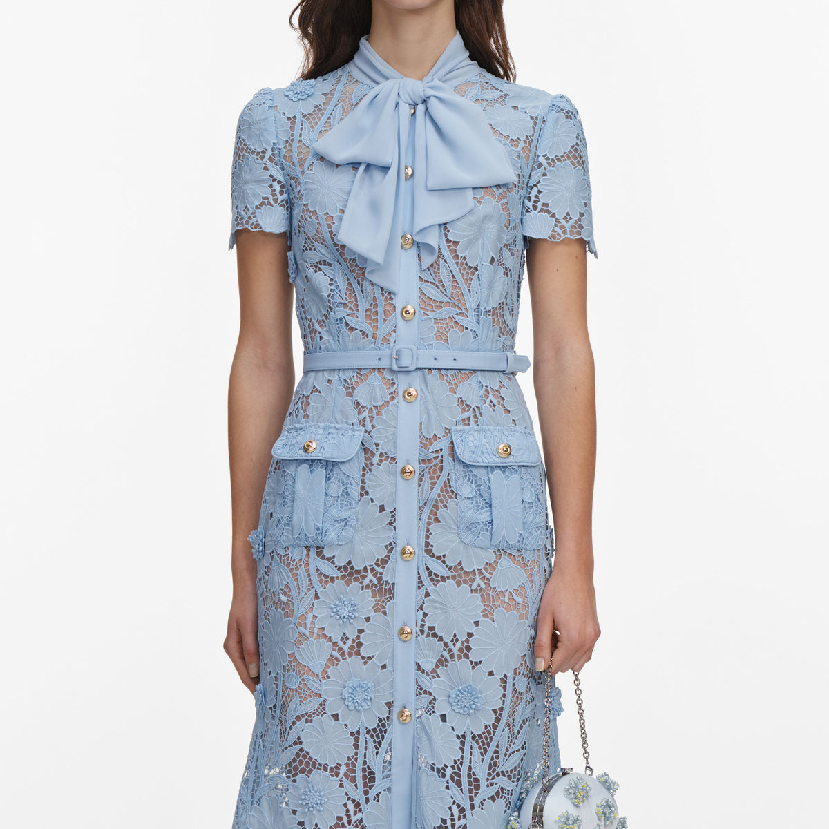 Blue lace tie neck midi dress