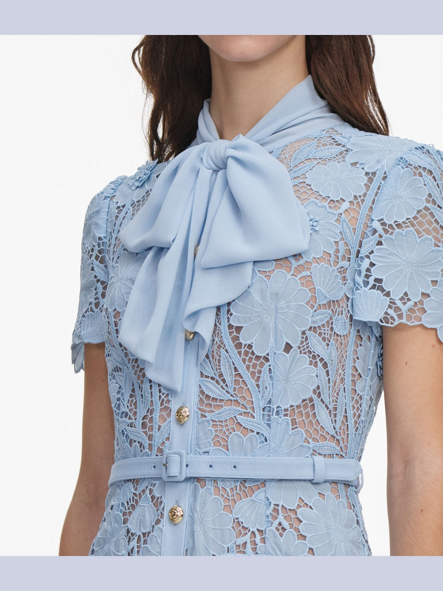 Blue lace tie neck midi dress