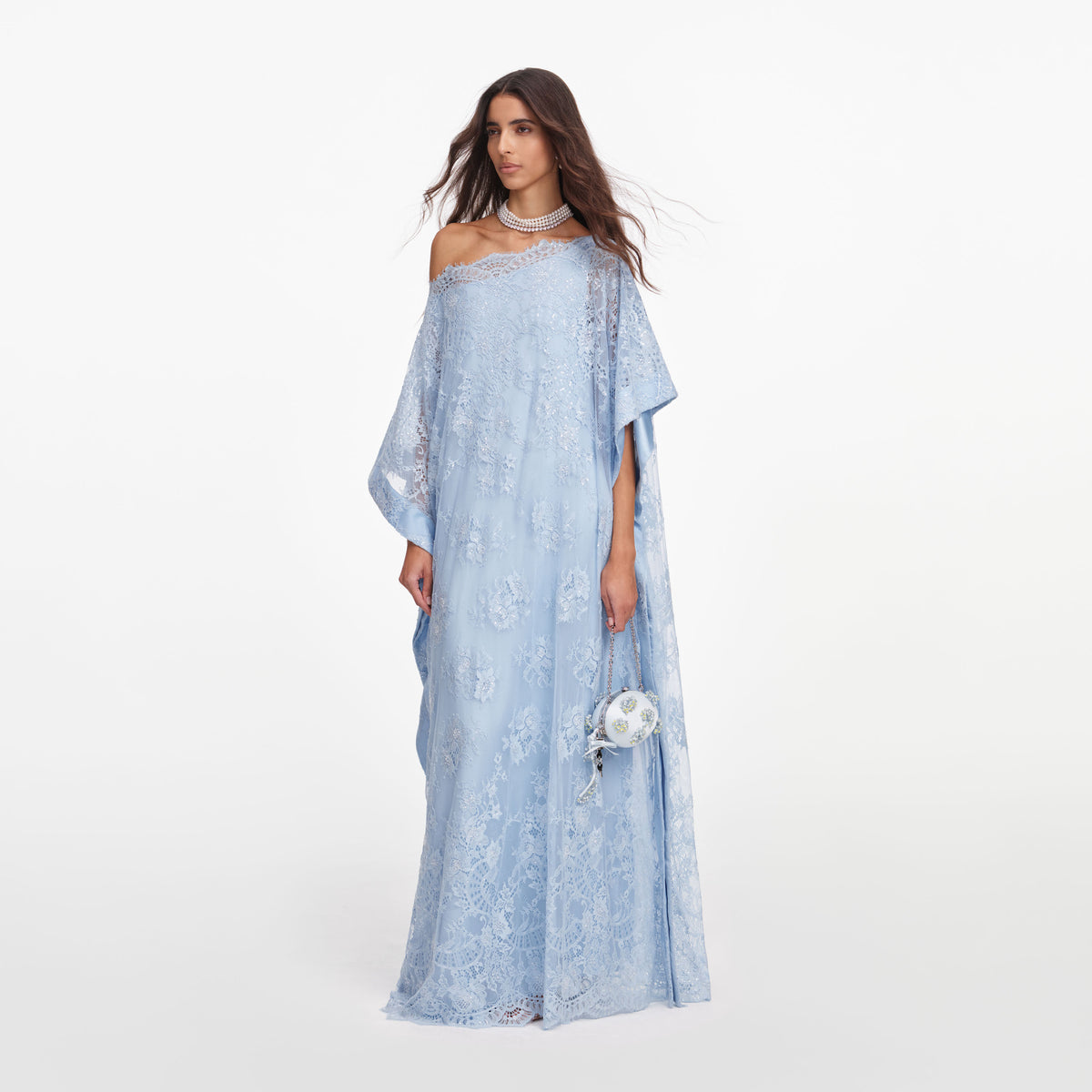 Blue embellished lace kaftan