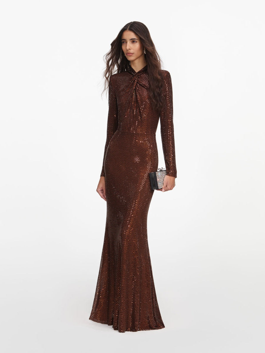 Brown rhinestone maxi dress