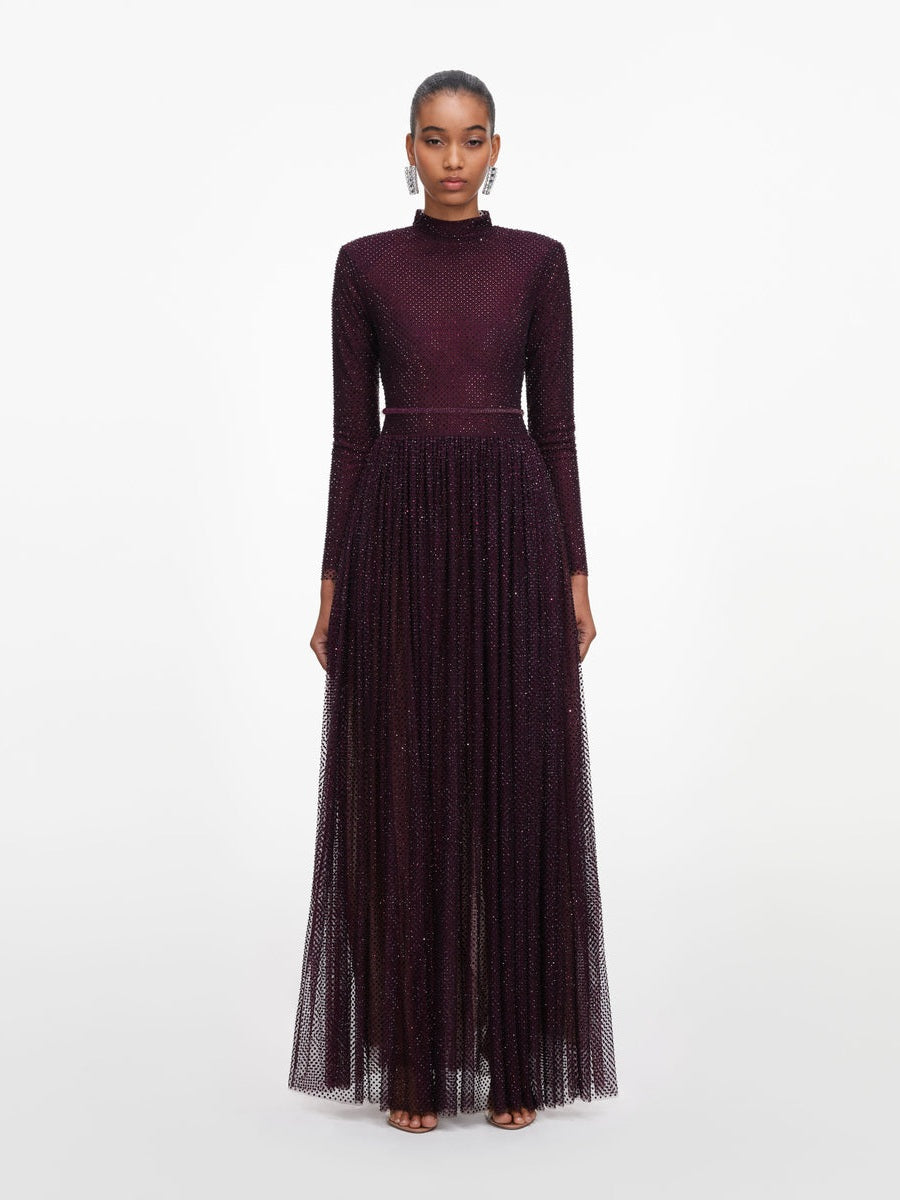 Burgundy rhinestone long sleeve maxi dress
