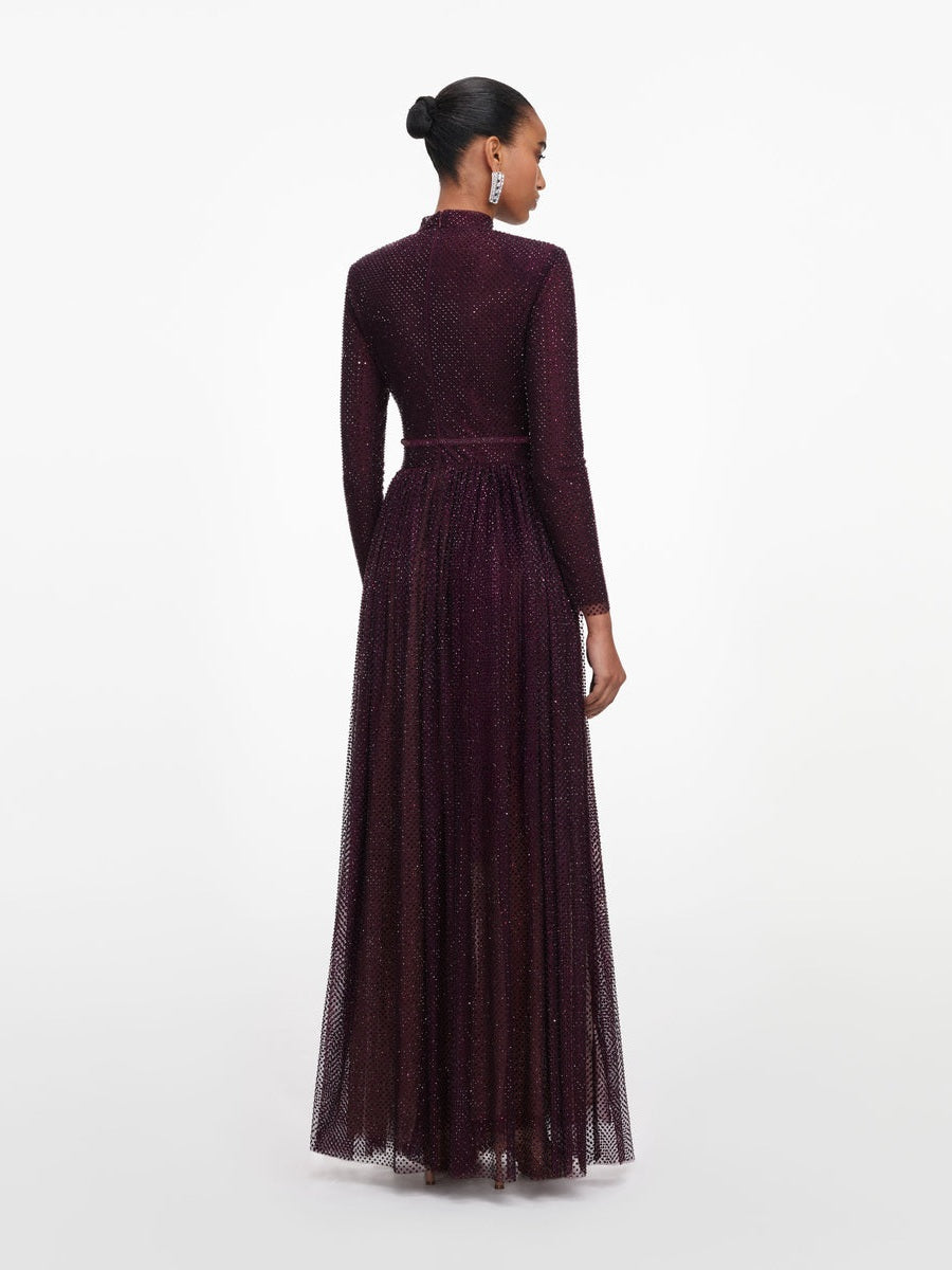 Burgundy rhinestone long sleeve maxi dress